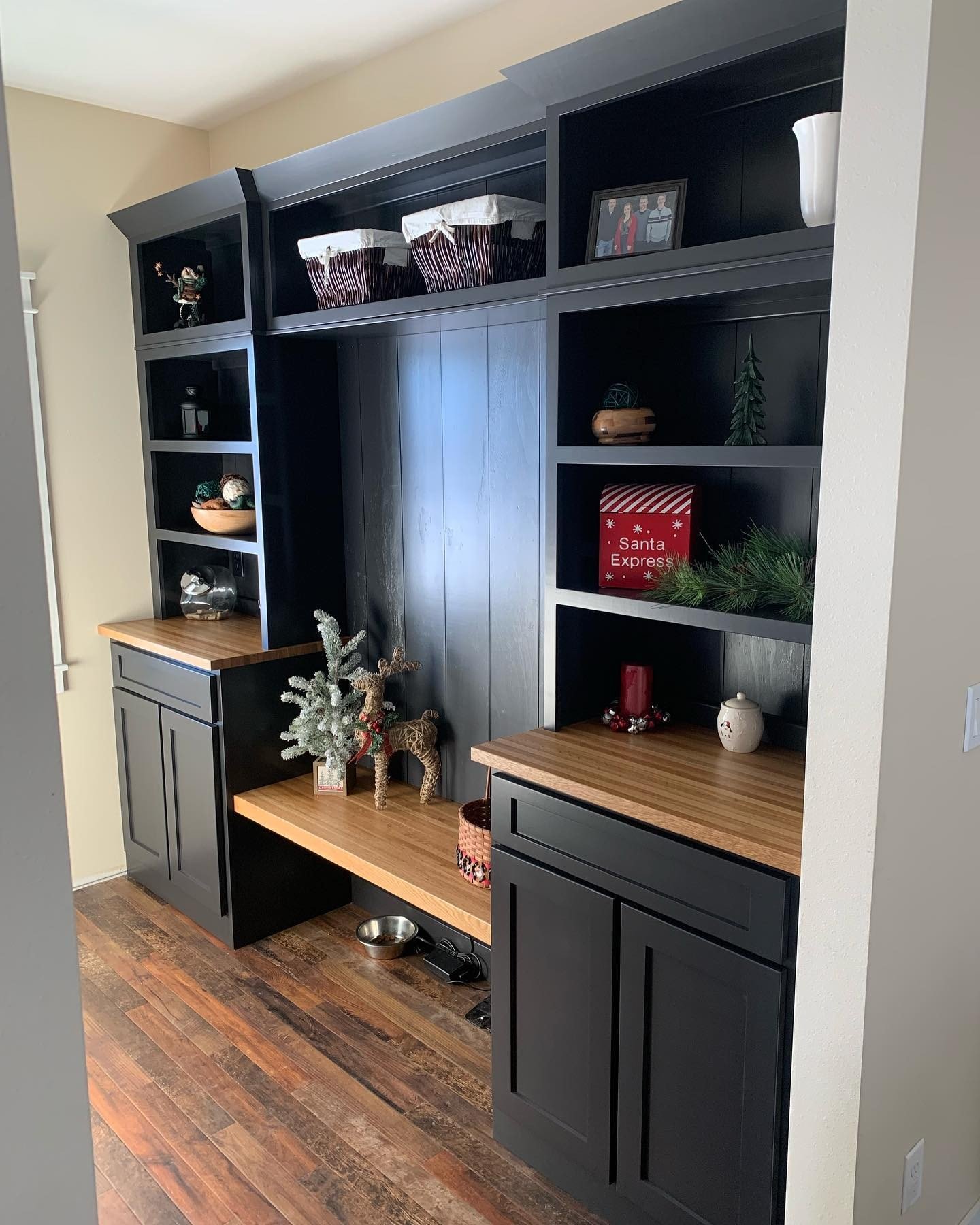 Dark painted built-in office cabinetry